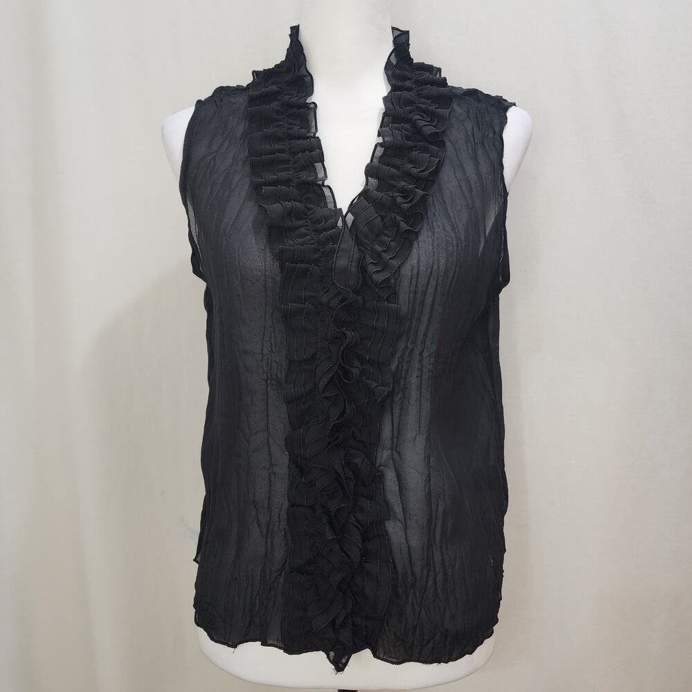 Piano Vintage 90s Y2K Sheer Goth Black Ruffle Collar Sleeveless Button Down, SM